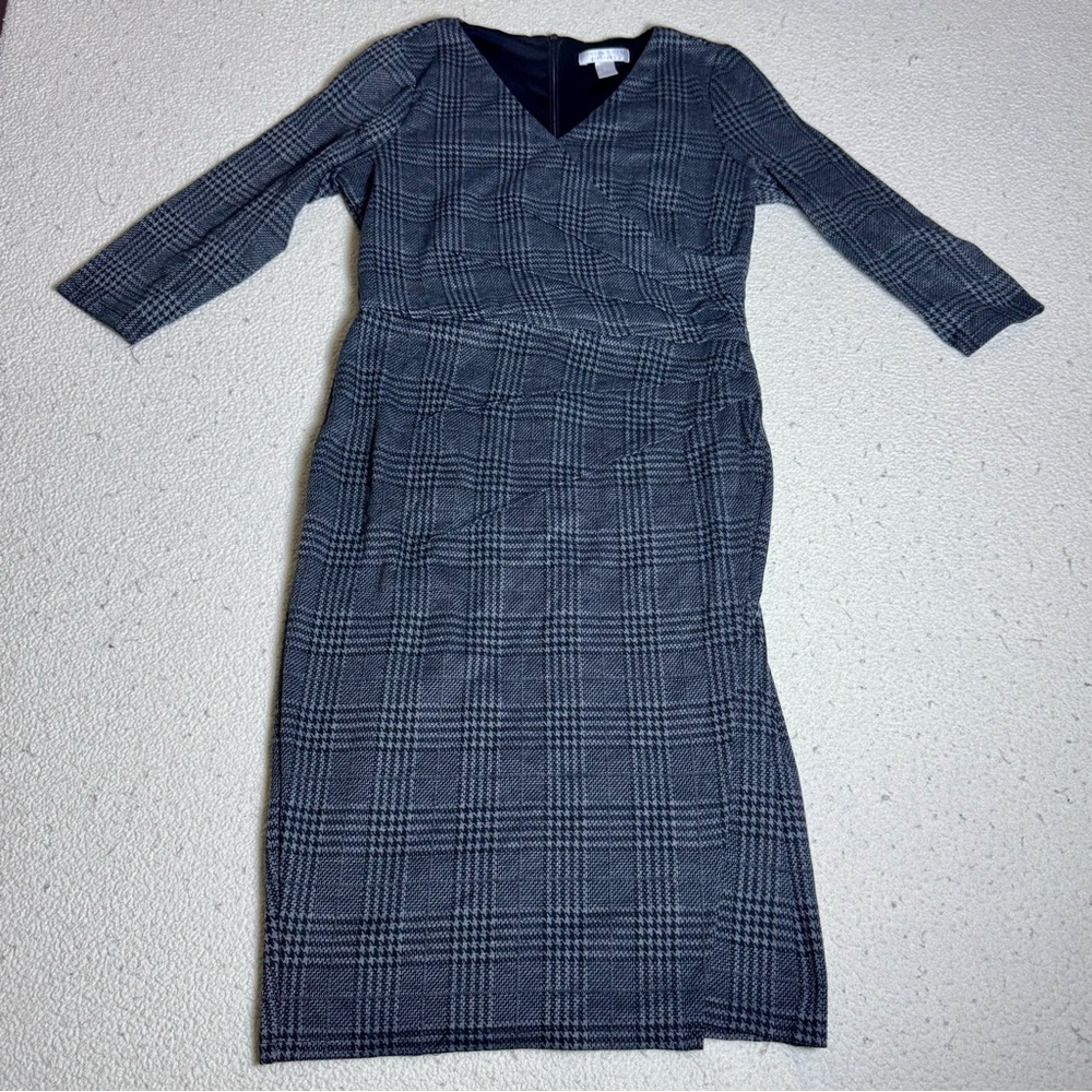 London Times Gray Plaid Long Sleeve Dress